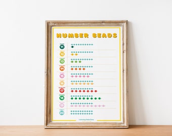 May include: A colorful printable chart with the numbers 11 through 20, each number represented by a row of colored beads. The chart is titled "Number Beads" and has the text "Learning Made Easy" at the bottom.