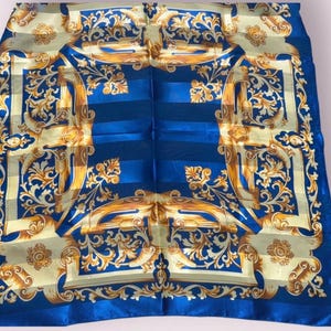 Vintage Retro große Luxus Schärpe Kopftuch Kopftuch Hals-Krawatte blau gold