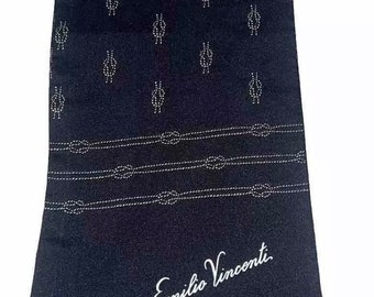 Vintage retro rare original 70s thin Emilio Vincenti  silk style unisex mod scarf / neck tie Navy blue double layer