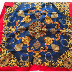 Vintage großer atemberaubender quadratischer Luxus-Schal Kopftuch Hals-Krawatte rot marine blau