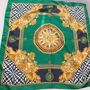 Vintage atemberaubendes Viereck Sun Print großer Schal Kopftuch Hals-Tie-Top grün gold