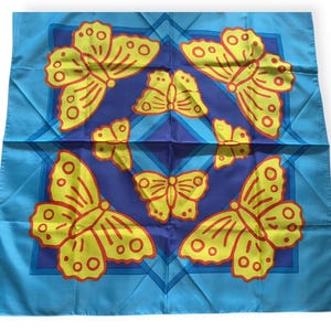 Vintage stunning square butterfly scarf headscarf neck tie top blue yellow