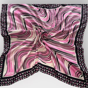 Superbe écharpe carrée de luxe à motifs rétro Gulsoy, cravate de cou rose noir taille 35 pouces