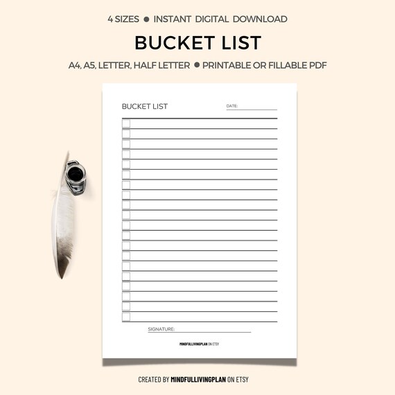 Bucket List Printable PDF to Do List Life Goal Planner Etsy