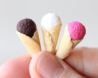 Three Ice Cream Cones Chocolate Raspberries Vanilla Ice Cream Dollhouse Miniature Play Food 1:6 Barbie Doll Montessori Waldorf toys