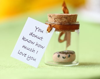 Funny Girlfriend Boyfriend Gift Donut in a Glass Bottle with Personalized Message Donut Collectible Figure Miniature Polymer Clay Donut