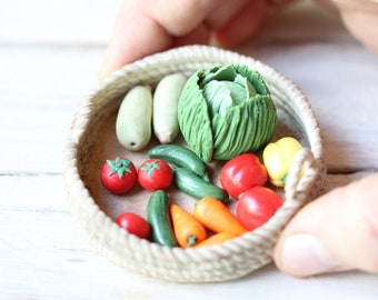 Mini Vegetables 1:12 Miniature Food For Dollhouse 15 Pcs Veggies in a Basket