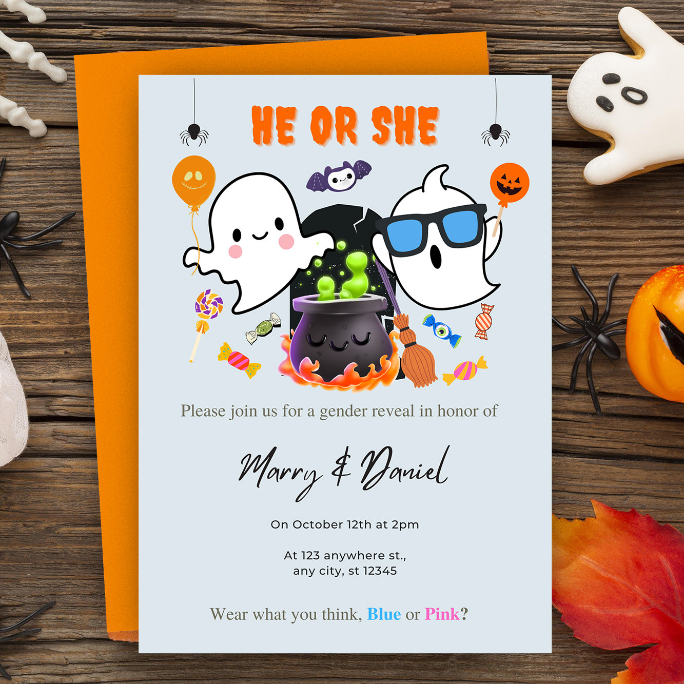 Gender Reveal Editable Invitation Halloween Gender Reveal Party He or She Reveal Party Halloween Invitation Little Boo 5 x 7