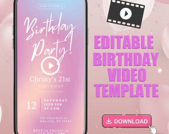 Vorlage für eine Video-Einladung zum Geburtstag in Rosa, animierte mobile Einladung (digitaler Download)