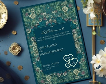 Digital Islamic Wedding Invitation Template, Nikkah, Shaadi, Canva, desi, Electronic blue green Floral Nikkah Invite, Editable Evite, arab