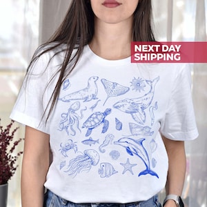 Vintage 90er Jahre Tattoo Sea Animal Tshirt, Retro Ocean Natur Shirt, Sealife Tee, Grafik Shirt, Natur Sealife Ocean Lover Tee, Geburtstagsgeschenk