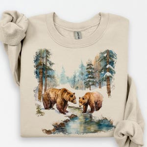 Moletom retrô com estampa de ursos pardos e cenas selvagens - Traje vintage de urso pardo dos anos 90 - Moletom boho unissex com gola redonda