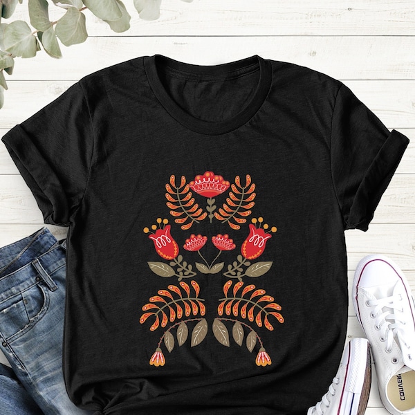 Scandinavian Shirt, Folk Art T-Shirt, Botanical Shirt, Scandinavian Gift, Christmas Gift For Women, Gift For Women Vintage Flower Shirt