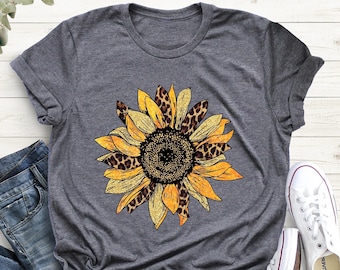 Leopard Sunflower Shirt, Leopard Print Shirt, Sunflower Mothers Day Gift Shirt, Womens Flowers Gift Shirt, Botanical Shirt, Sunflower Shirt
