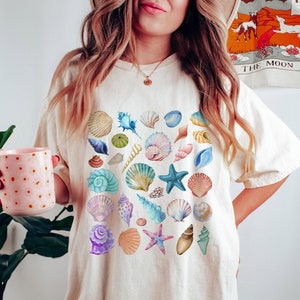 Vintage Seashells Shirt, Comfort Colors® Cotton Cottagecore, Aesthetic Shirt, Nautical Ocean Swimsuit, Coverup Oversized Coastal Surf Shirt