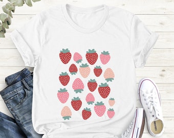 Chemise fraise, t-shirt fraises pour une tenue esthétique ou cottage, chemise femme fraise, parfaite pour les jardiniers ou les amateurs de plantes