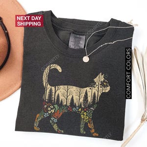 Comfort Colors Boho Cat Plants Shirt: Short & Long Sleeve, Nature Trees Wild Flowers Tees, Women Cat Lovers Tee, Christmas Mom Gift for Her