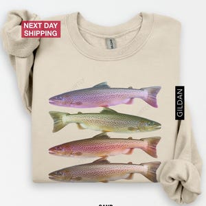 Abstract Colorful Trout In A Row Sweatshirt - River Fish Trout Species Outfit - Fly Fishing Gift - Boho Unisex Crewneck Sweatshirt