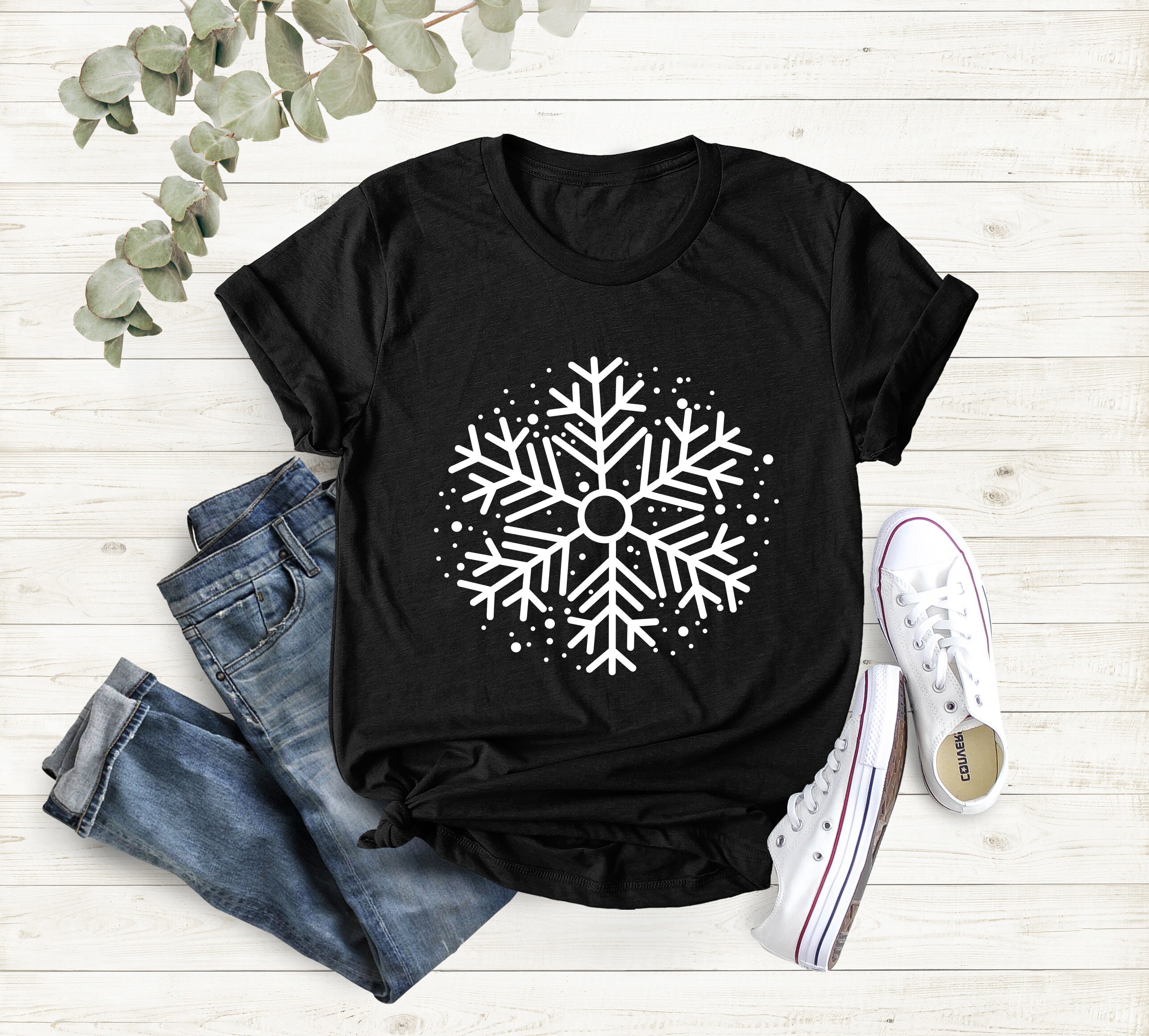Camiseta De Navidad Para Mujer Con Estampado De Copo De Nieve - 'Let It Snow', Manga Corta, Mezcla De Algodón, Regalo Festivo
