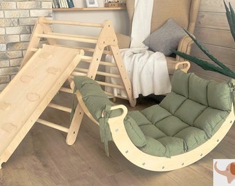 Montessori Climbing Arch with Pillow: Wooden Rocker, Triangle, Climber Set  Kletterdreieck, Kletterbogen mit kissen