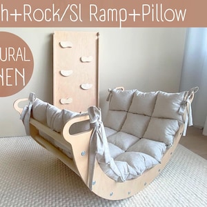 Montessori Wood Climbing Set: Arch, Ramp & Linen Pillow