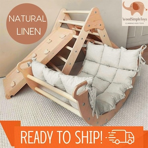 Montessori Climbing Set: Wood Triangle, Arch, Ramp & Pillow