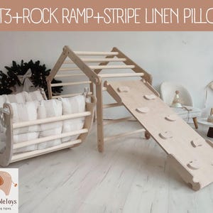 Natural Wood Montessori Climbing Arch Set with Ramp & Cushion: kletterdreieck, kletterbogen, triangolo pilker