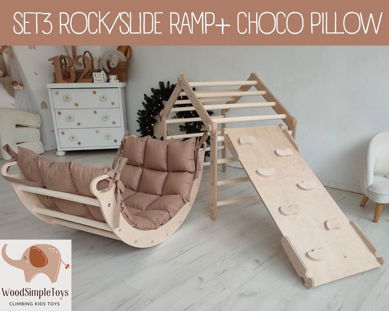 PRÊT À L'EXPÉDITION Triangle d'escalade, arche et rampe d'escalade, ensemble d'escalade Montessori avec oreiller, Kletterdreieck, arche montessori Kletterbogen SET3(ROCK R)+PILLOW