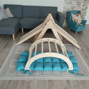 Ensemble de 3 Montessori : triangle pliable arche d'escalade rampe oreiller, Klimboog kussen, Klimdriehoek, triangle d'escalade avec rampe, salle de sport Dreieck en bois SET4+2RAMPS+PILLOW