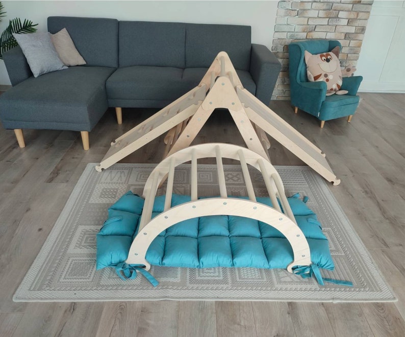 Ensemble de 3 Montessori : triangle pliable arche d'escalade rampe oreiller, Klimboog kussen, Klimdriehoek, triangle d'escalade avec rampe, salle de sport Dreieck en bois SET4+2RAMPS+PILLOW