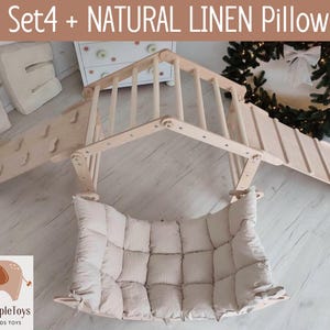 Montessori Climbing Set: Triangle, Arch, Ramp & Pillow - Natural Wood