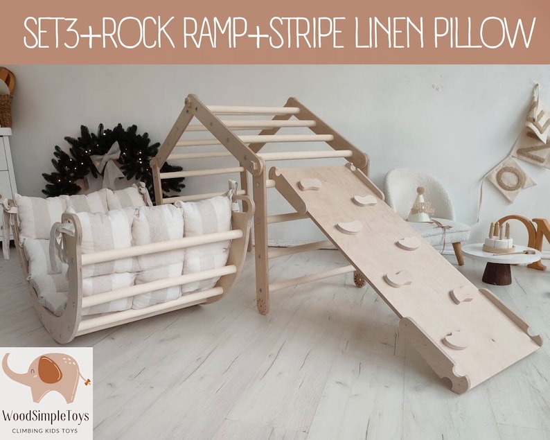 Transformeerbare klimdriehoek, verstelbare klimdriehoek, binnenspeeltuin, klimdriehoekset voor kinderen, klimboog met kussen SET3(ROCK R)+PILLOW