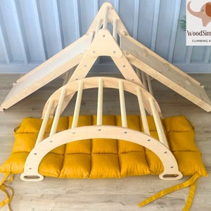 Montessori Set of 3: Foldable TriangleClimbing ArchRampPillow, Klimboog kussen, Klimdriehoek, Climb Triangle with Ramp, Wood Gym Dreieck SET4+2RAMPS+PILLOW