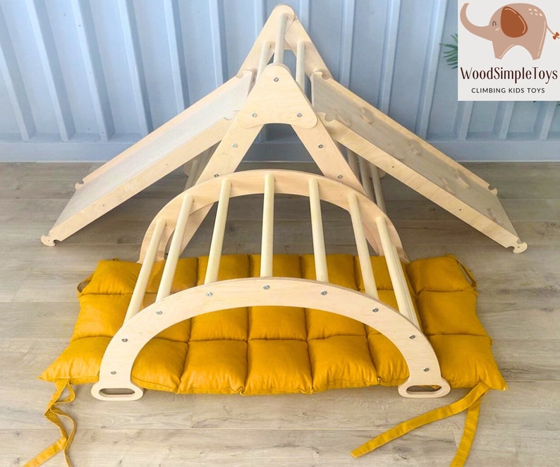 Montessori Set of 3: Foldable TriangleClimbing ArchRampPillow, Klimboog kussen, Klimdriehoek, Climb Triangle with Ramp, Wood Gym Dreieck SET4+2RAMPS+PILLOW