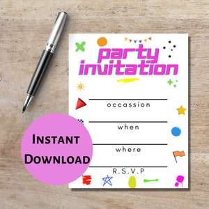 Peut inclure: Un modèle d'invitation de fête imprimable avec un titre "invitation de fête" rose et bleu. Le modèle comporte des lignes vierges pour l'occasion, le moment, l'endroit et les informations R.S.V.P. Le modèle est décoré de formes géométriques et d'étoiles colorées.