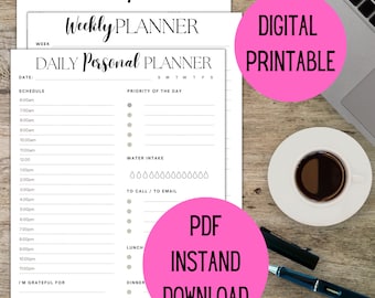 Daily planner, weekly planner, monthly planner, instant download, personal planner, printable planner, PDF document, printable calendar.