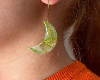 Green moon earrings / Polymer clay earrings