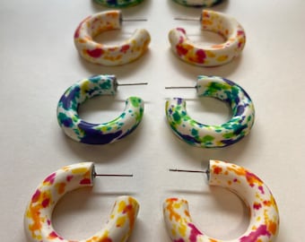 Rainbow Hoop Earrings / Handmade / Polymer Clay