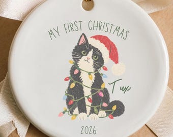 Personalized Tuxedo Cat Ornament Custom Name First Christmas Keepsake, Black and White Kitten Decoration, New Cat Mom Gift, Pet Lover Gift