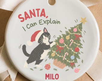 Personalized Tuxedo Cat Ornament Funny Santa I Can Explain Christmas Decoration Custom Pet Name Ceramic Keepsake Cat Lover Gift Cat Mom Gift