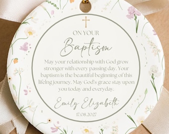 Personalized Baptism Ornament Custom Name Date Christening Keepsake Watercolor Floral Baby Girl Baptism Gift Christian Dedication Christmas