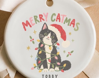Personalized Tuxedo Cat Ornament Custom Name Merry Catmas Ceramic Christmas Decoration Black and White Cat Gift Kitten Keepsake Cat Mom Gift