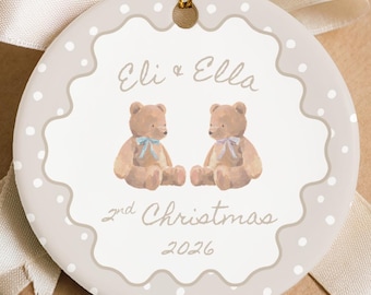 Personalized Twins Second Christmas Ornament 2026 Teddy Bear Twin Keepsake Custom Boy Girl Twins Christmas Gift Second Holiday Baby Ornament