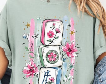 Floral Mahjong Shirt Boho Mahjong Tile Tee Comfort Colors Mahjong Lover Gift Crack Dot Bam Shirt Girls Game Night Tee,American Mahjong Shirt