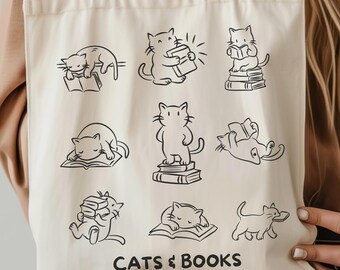 Custom Cats & Books Tote Bag, Book Lover Tote Bag, Personalized Books and Cats Tote Bag, Bookish Tote Bag, Book Club Tote Bag, Cat Lover