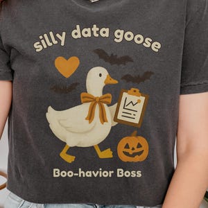 May include: Dark grey t-shirt with the text "silly data goose" and "Boo-havior Boss". The shirt features a cartoon goose with a bow tie, holding a clipboard, with a heart, bats, and a pumpkin.