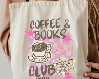 Personalized Book Lover Tote Bag, Coffee & Books Club Tote, Cute Bookish Gift for Readers, Bookworm Tote Bag, Reading Lover Gift