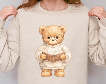 Cute Teddy Bear Reading Sweatshirt, Book Lover Crewneck, Cozy Bookworm Sweater, Bookish Gift for Readers, Reading Shirt