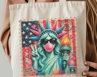 USA 250 Years Tote Bag, Retro Statue of Liberty USA, Trendy 4th of July Gift, Retro USA Stamp, Patriotic Aesthetic Tote, Fourth of July Bag