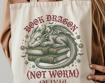 Custom Book Dragon Tote Bag, Book Lover Tote Bag, Personalized Fantasy Reader Totes, Bookish Tote Bag, Dark Romance Book Lover, Dragon Lover